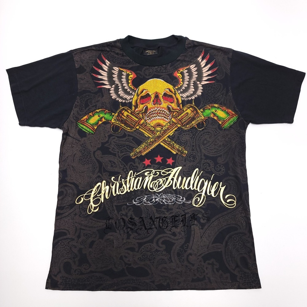 Christian Audigier T Shirt Skull Guns‎ Revolver Rhinestone Los Angeles Angels
